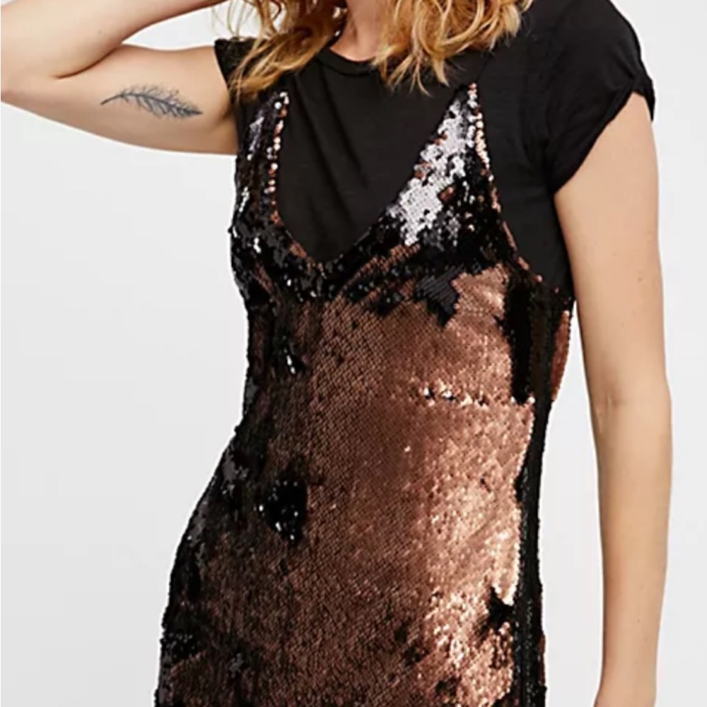 Free People Double Sequin Slip Mini Dress in Black and Rose Gold